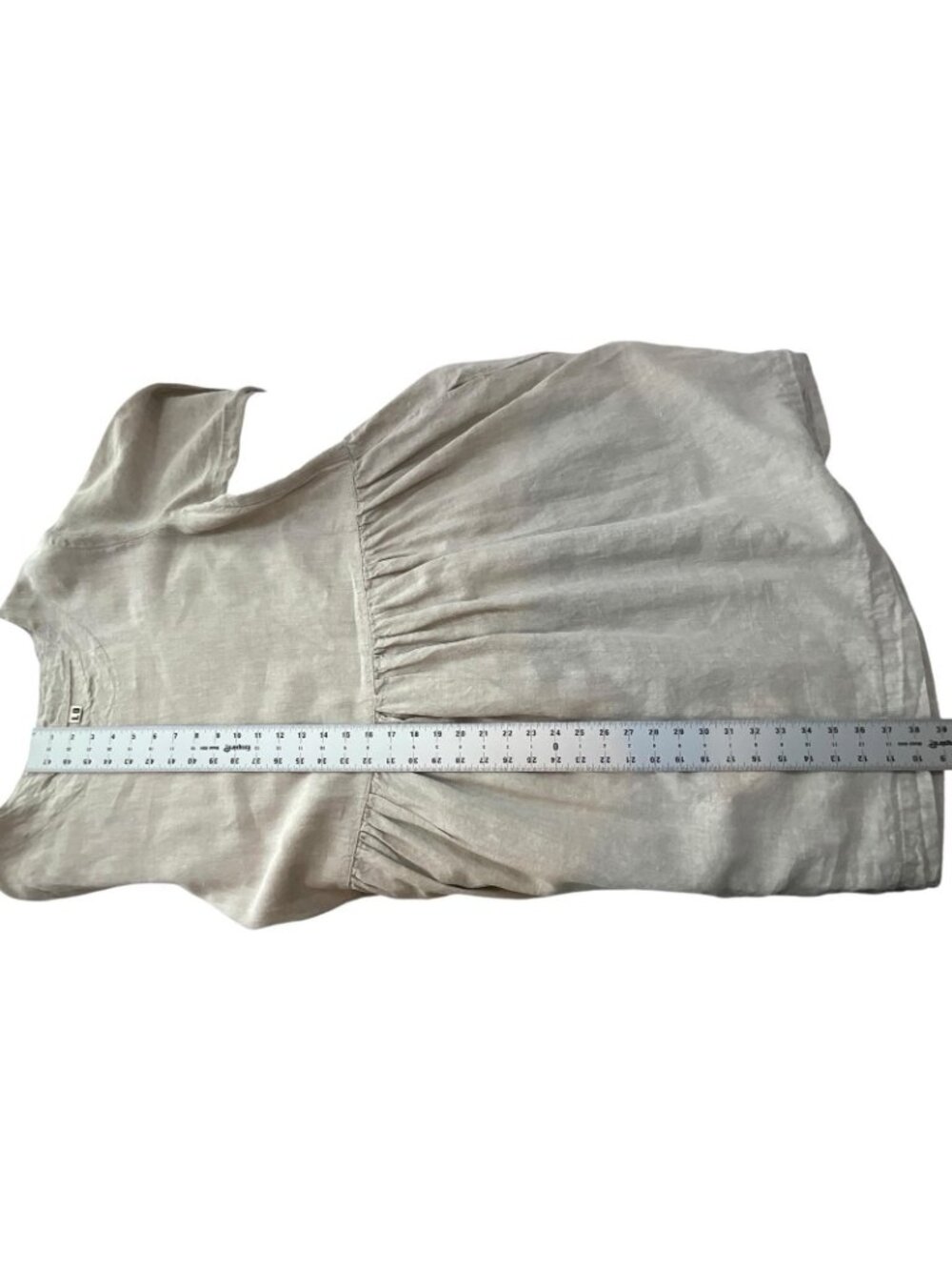 Len Ok Linen Dress Womens XL Beige 3/4 Sleeve Trapeze Swing Midi Pockets - Picture 11 of 12
